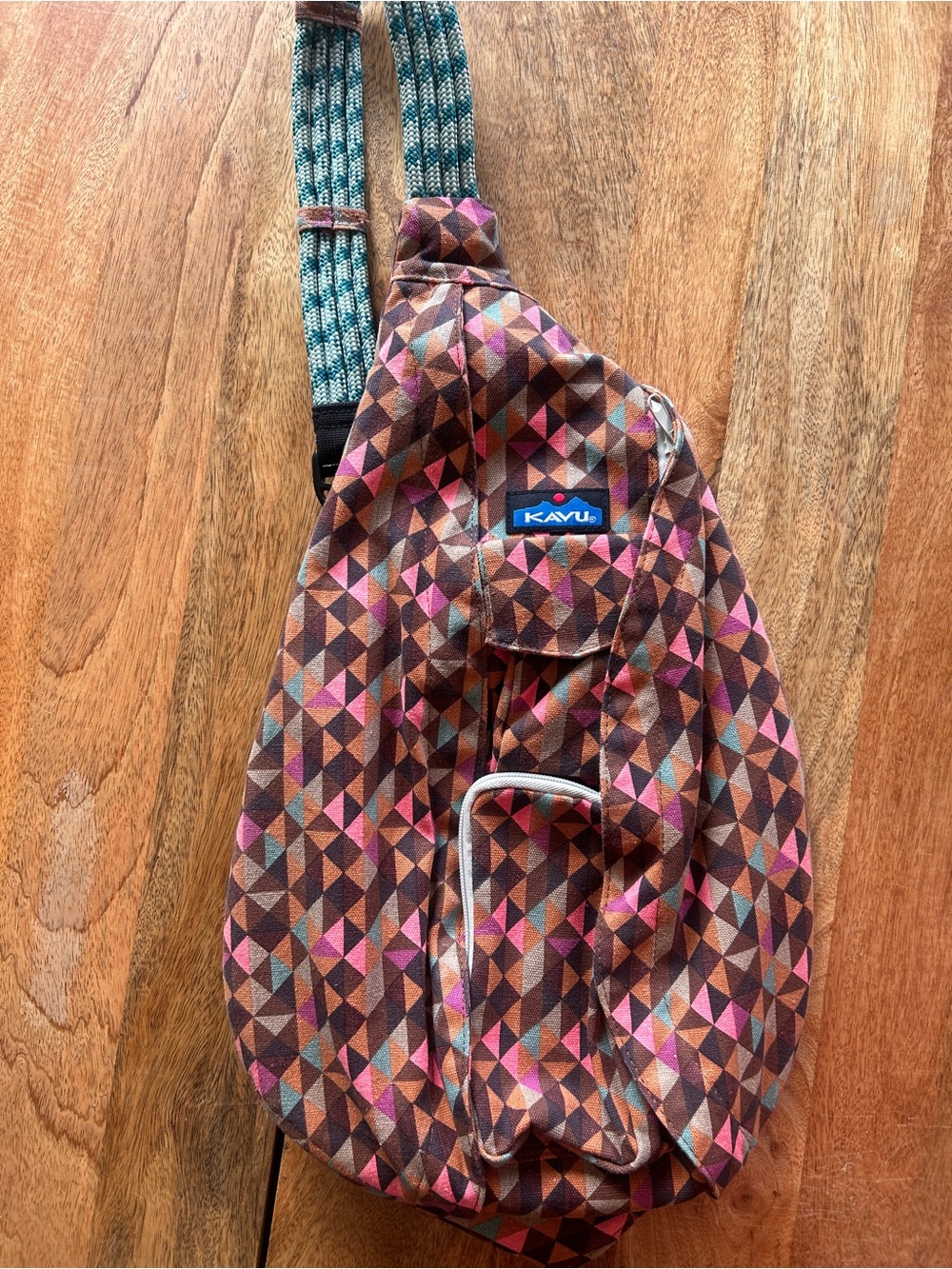 Kavu rope bag-Brown Geometric Triangle  with Pink & Teal Accents